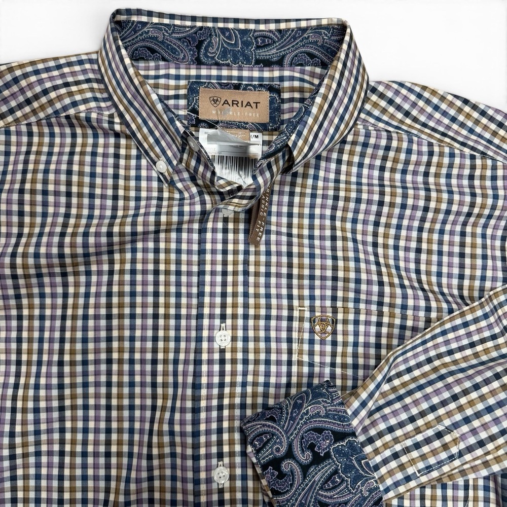 Ariat Button Down Shirt Mens M Purple Plaid Long Sleeve Wrinkle Free Western